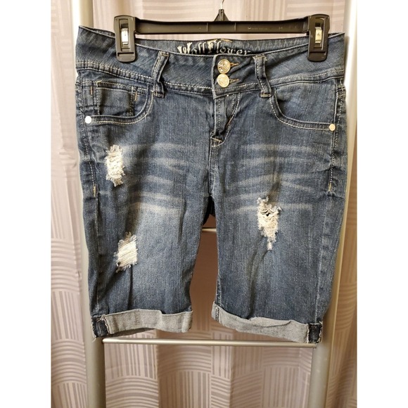 Wallflower Denim Jean Skinny Shorts Junior Size 5 Distressed Low‎ Rise Shorts - Picture 1 of 10